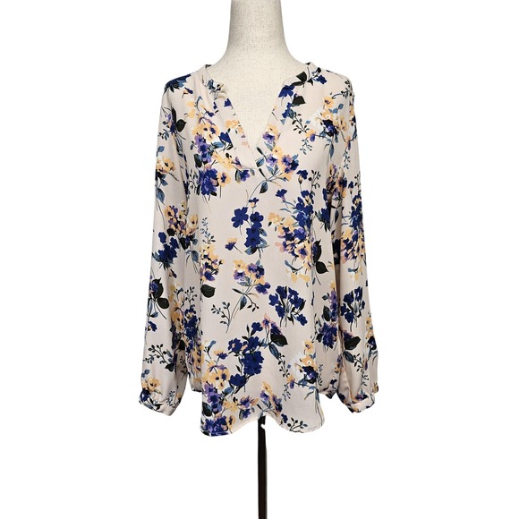 Adrianna Papell Tops - Adrianna Papell Blouse Womens Small Floral V Neck Long Sleeve Blue Yellow Top